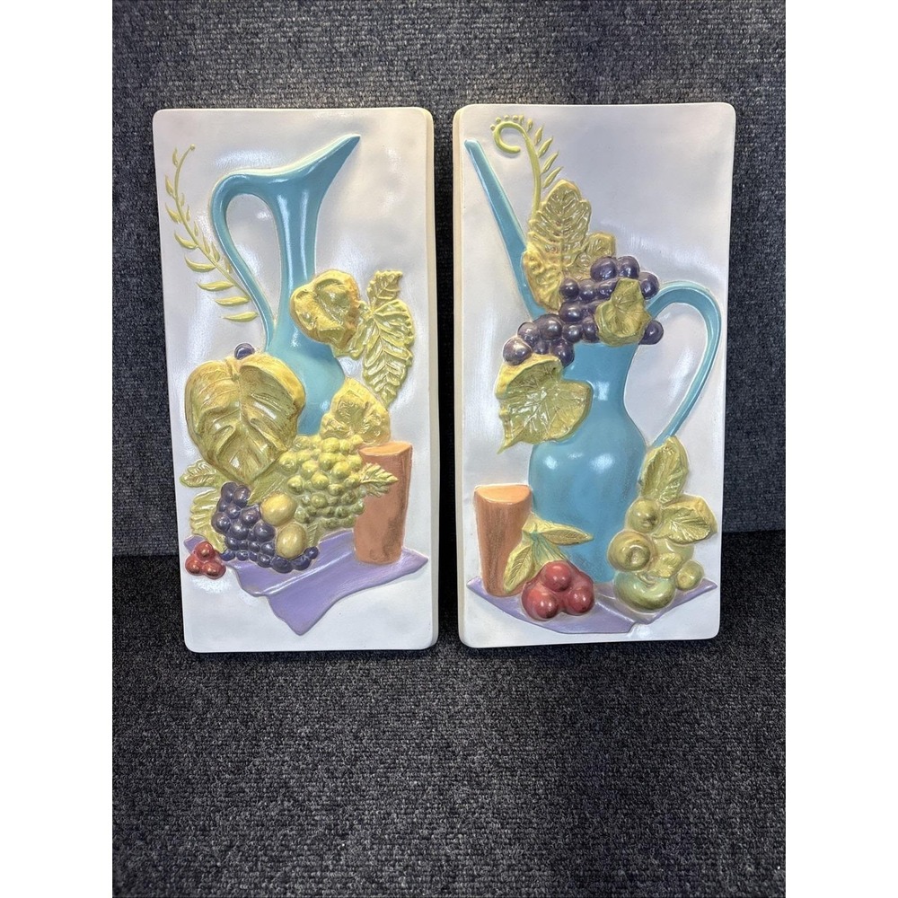 2~Vtg~Napco Japan?~Ceramic Fruit Tiles~3D Relief~Pitchers/Grapes~MCM